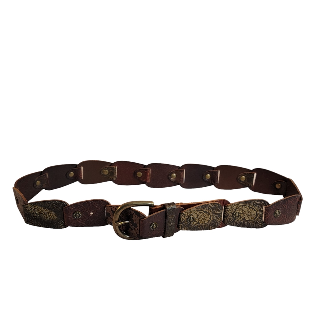 Fossil Metallic Tabs Multi Brown Embossed Leather Fashion Belt Women's Size M
